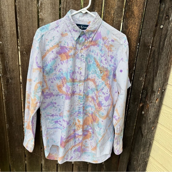 Ralph Lauren Men’s Classic Fit Pinstripe Paint Splattered Button Down Shirt Sz S - Picture 9 of 14